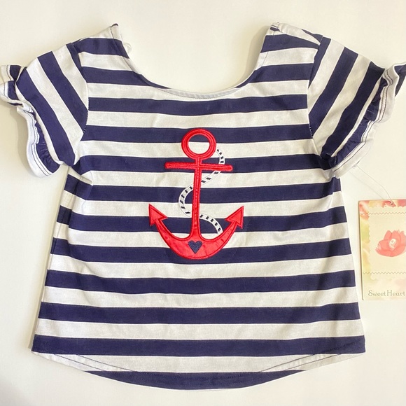 Sweet Heart Rose Other - Girls Nautical Blue White Stripe Ruffle Sleeve T-Shirt Top- size 5